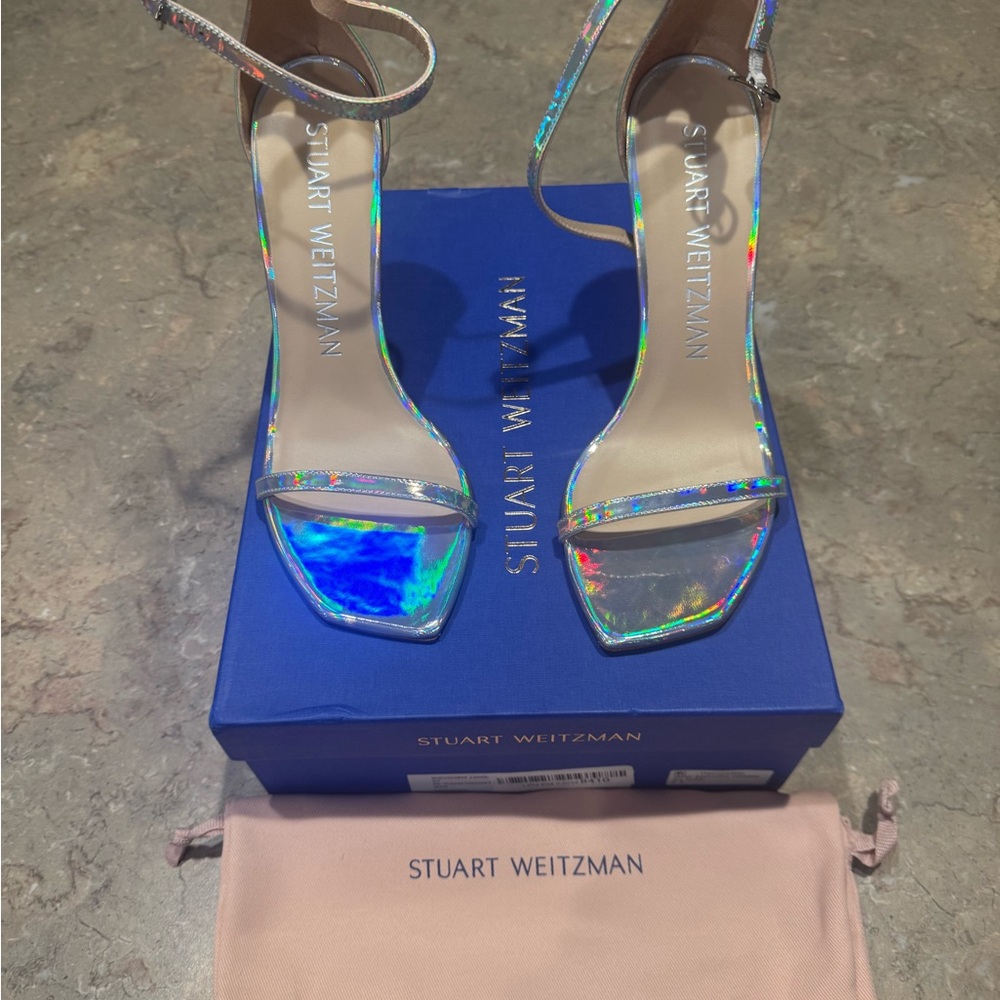Stuart Weitzman Holographic Iridescent Ankle Strap Heels